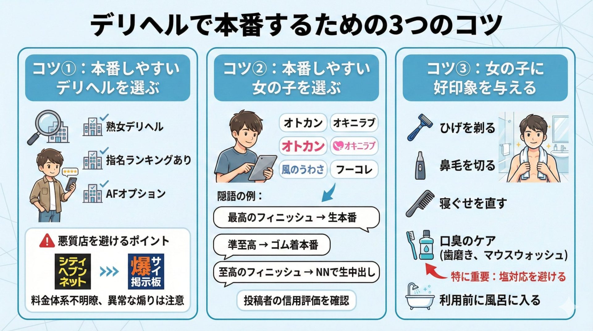 デリヘルで本番行為を成功させるための3つのコツ（店選び、女の子選び、好印象を与える身だしなみ）を解説したインフォグラフィック