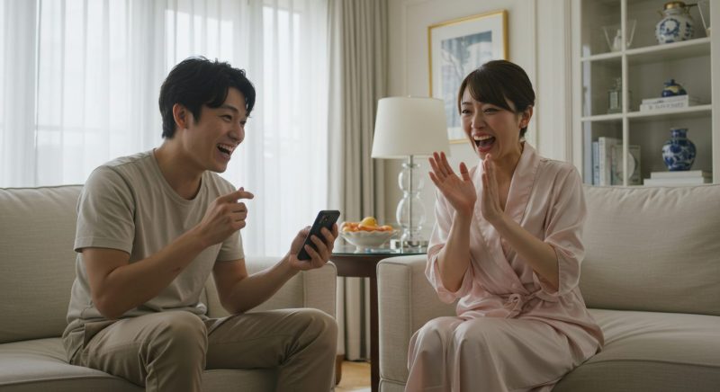 若い男性に楽しませてもらい、大げさな表情を見せる30代の日本人女性