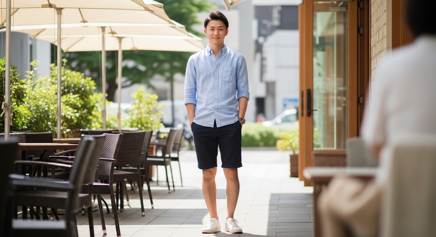 屋外カフェで自信を持って微笑む、身だしなみの整った若い日本人男性。