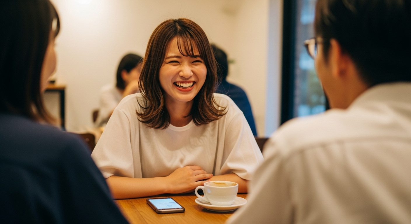 小規模な交流会で笑う若い日本人女性、テーブルにはスマートフォンが伏せて置かれている。