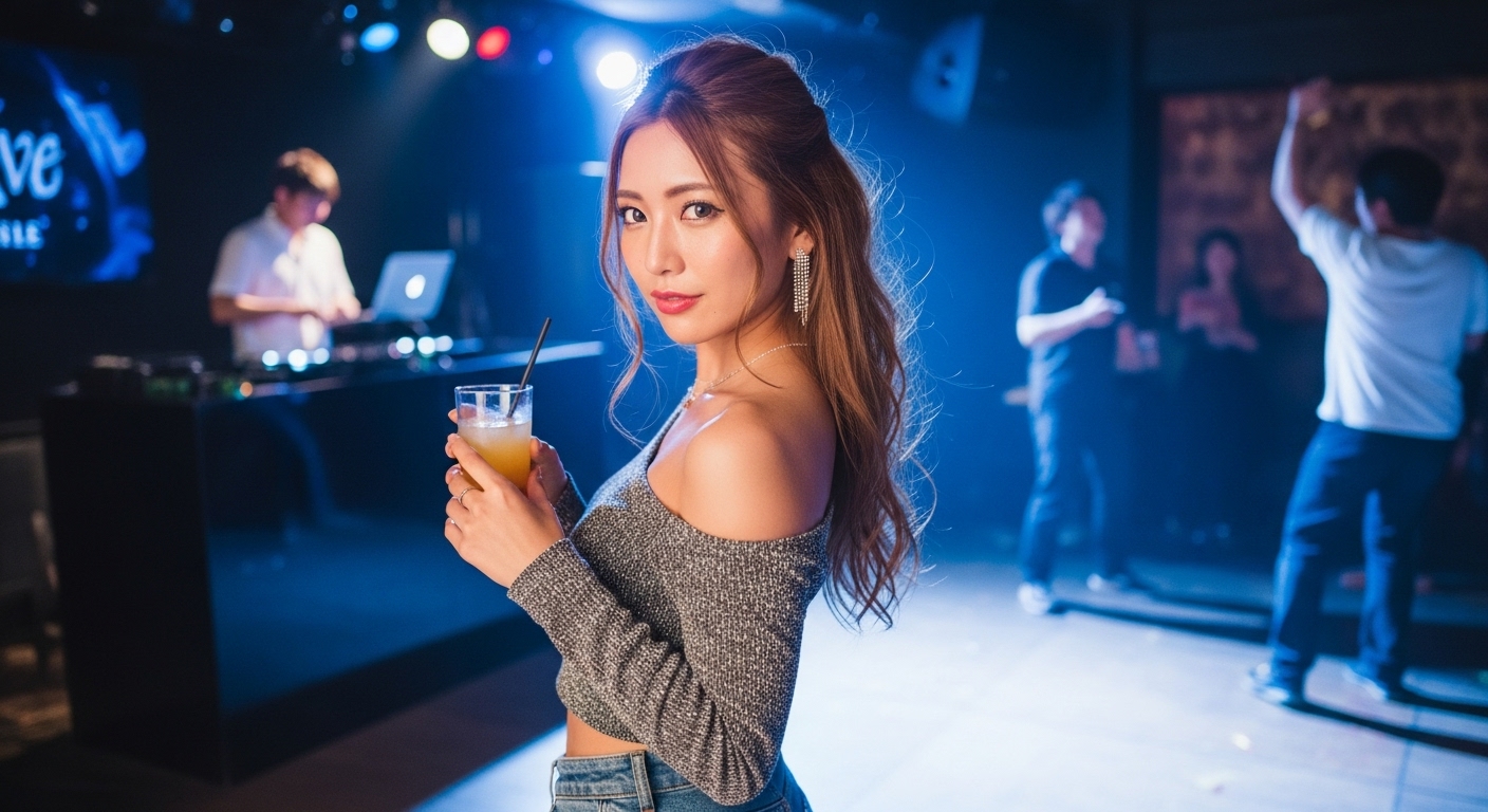 活気あるシングルイベントで誘惑的な表情を浮かべる若い日本人女性。