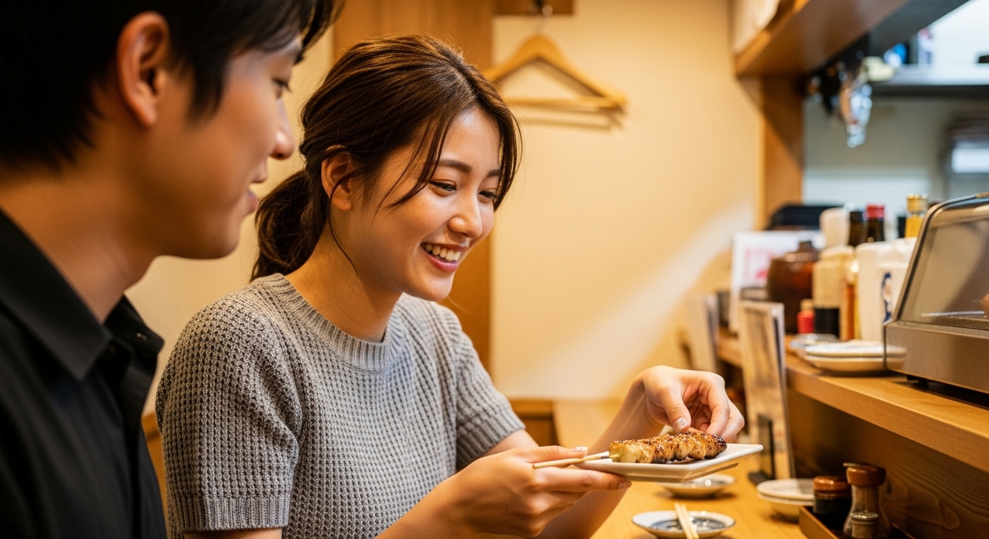 居心地の良い伝統的な居酒屋のカウンターで、デート相手に料理を取り分けてもらい、嬉しそうに微笑む若い日本人女性
