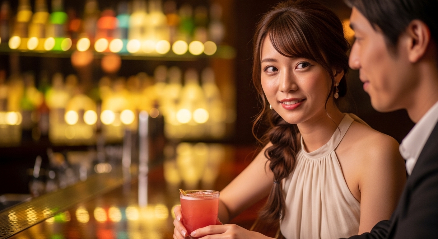 薄暗いバーのカウンターでデート相手に寄り添い、親密な笑みを浮かべる若い日本人女性。