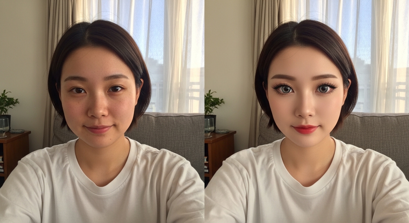 リビングルームでのショートヘア日本人女性の自然な姿と美肌アプリ変換のビフォーアフター比較