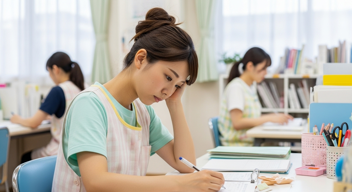 職員室で残業する女性保育士