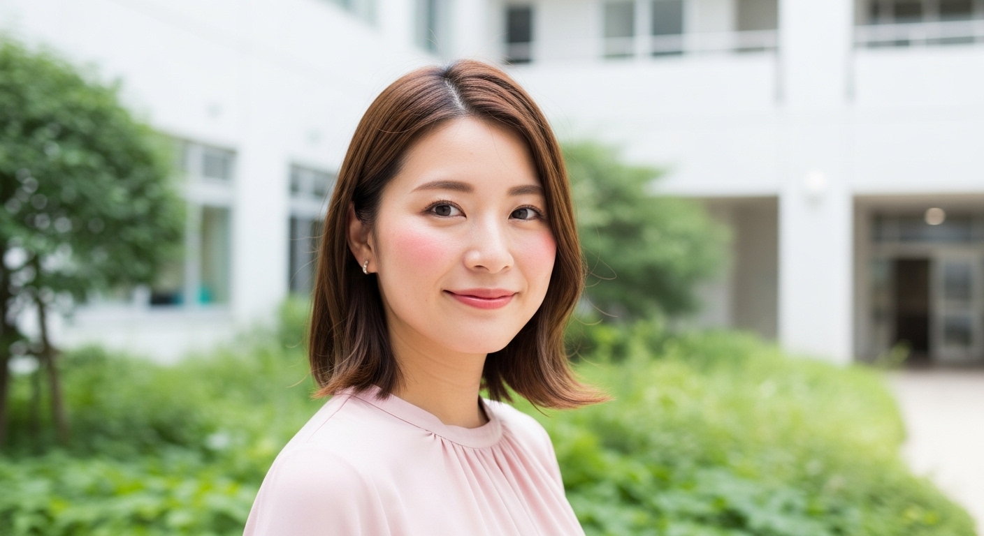 病院の中庭で穏やかに微笑む日本人女性