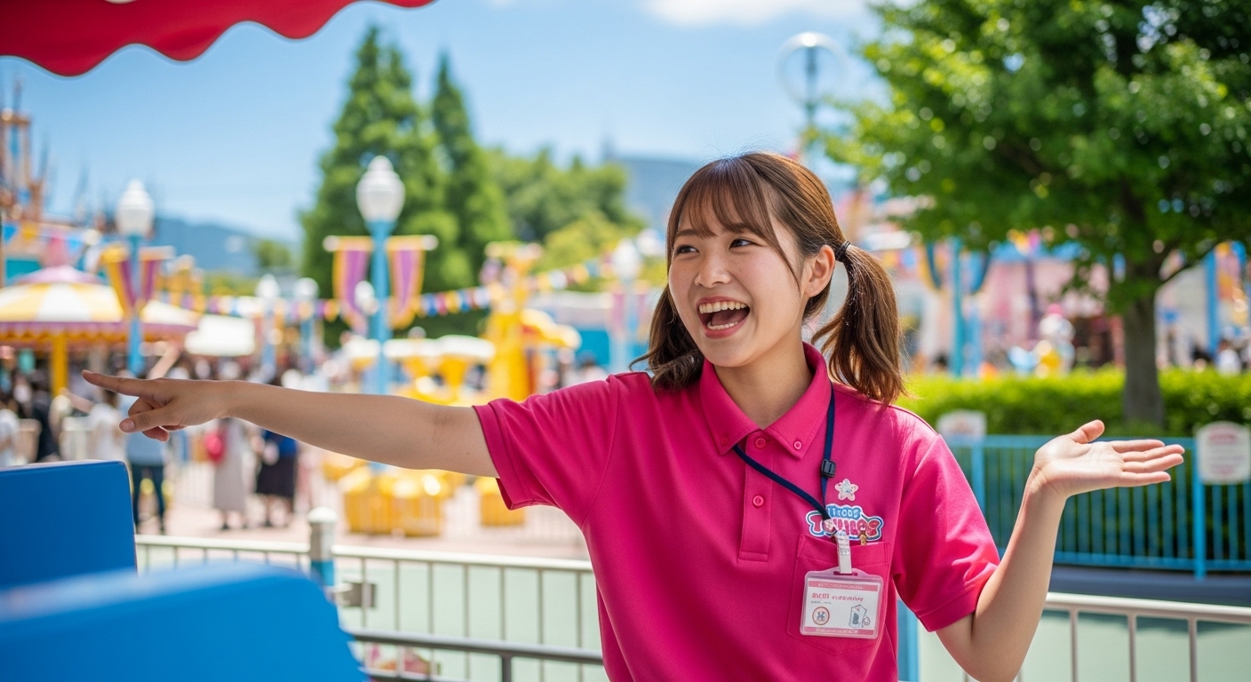テーマパークでお客様を案内する日本人女性スタッフ