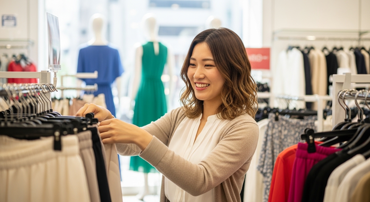 アパレルショップで商品整理をする日本人女性