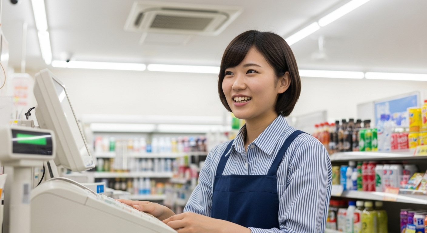 夜のコンビニでレジ業務をする日本人女性