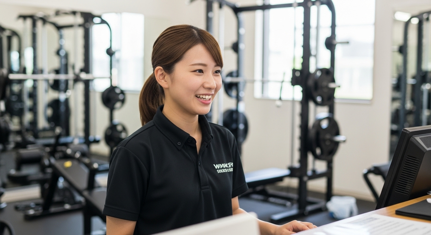 夏のスポーツジムで受付業務をする日本人女性