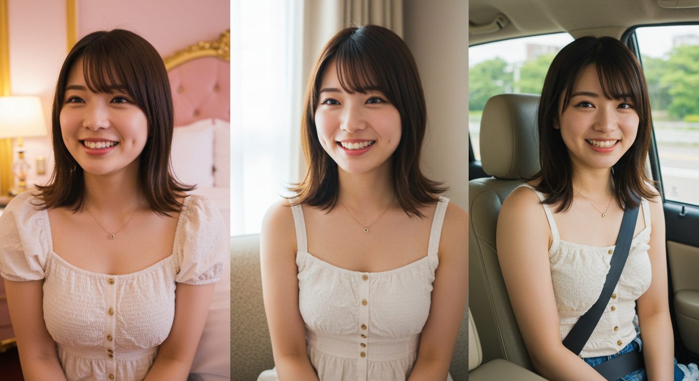 高級ホテル、ビジネスホテル、車内で微笑む若い日本人女性の3枚の写真