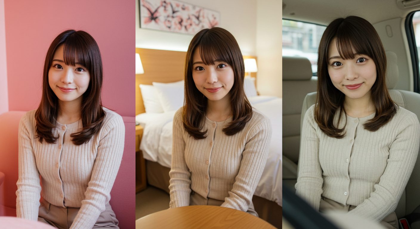 若い日本人女性が3つの場所(ピンクの部屋、ホテル、車内)で撮影された写真