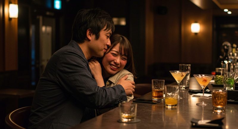 薄暗いラウンジバーのカウンター席で酔った勢いで抱き合う若い日本人カップル