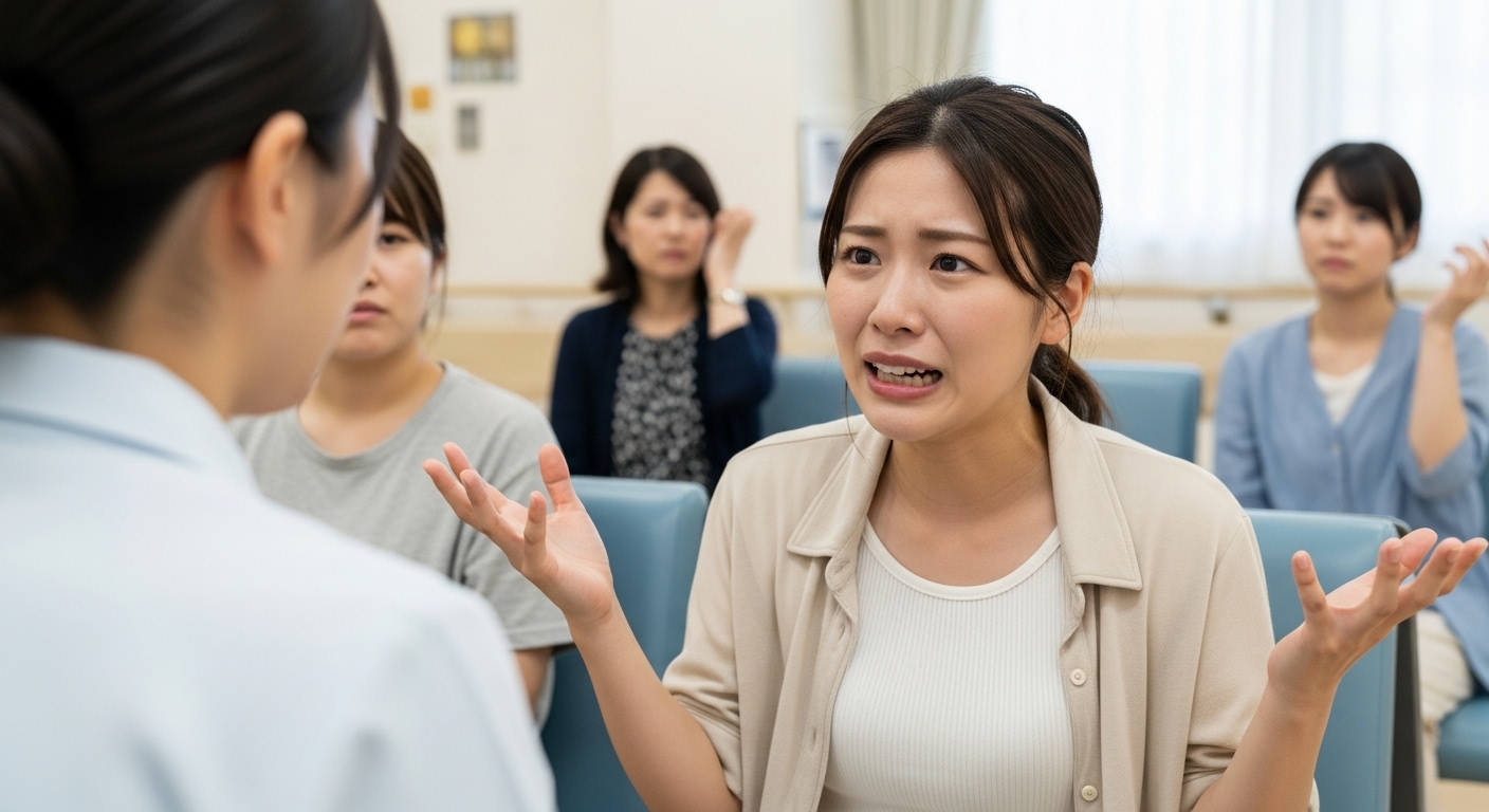 病院待合室で感情的になっている女性患者