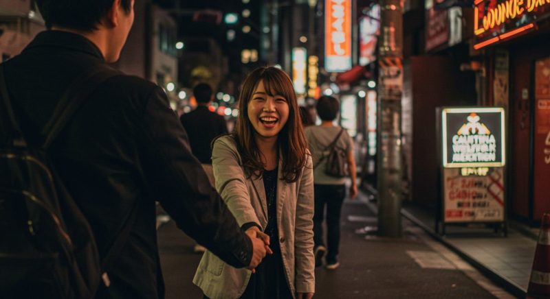 バーを出た後、夜の街を手を繋いで歩く若い日本人カップル