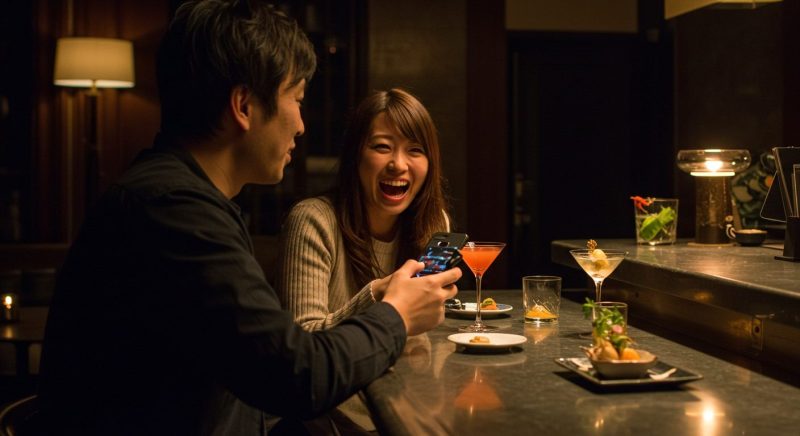 薄暗いラウンジバーのカウンター席で肩を並べて表情豊かに会話を楽しむ若い日本人カップル