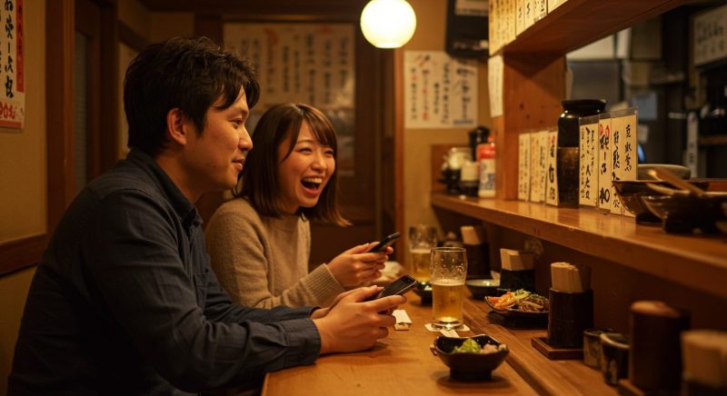 居心地の良いレストランのカウンター席で肩を並べて表情豊かに会話を楽しむ若い日本人カップル