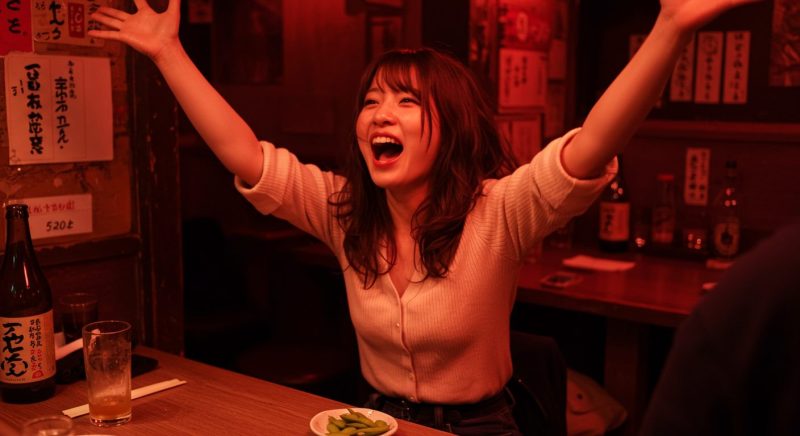 居酒屋で大はしゃぎする泥酔した若い日本人女性