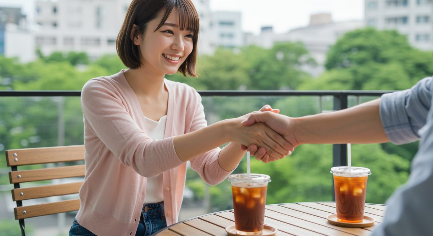 夏のカフェでメンターと両手で感謝の握手を交わす若い日本人女性