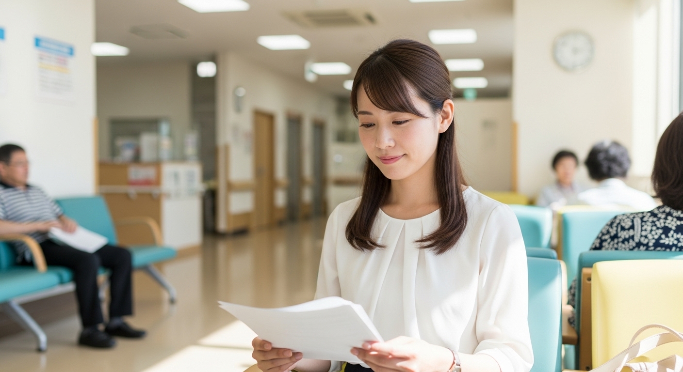 病院の待合室にいる若い日本人女性