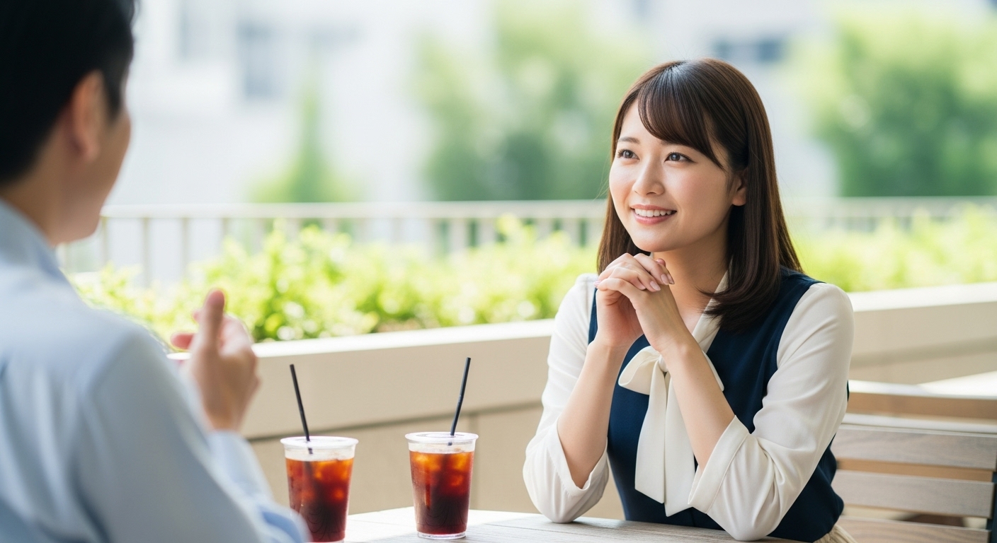 夏のカフェでメンターの話を聞く若い日本人女性