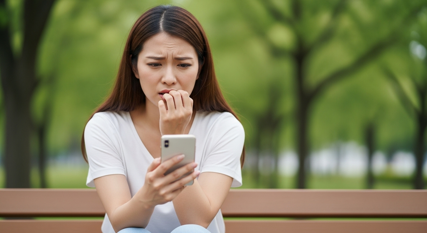 スマートフォンで出資者を探して困っている若い日本人女性