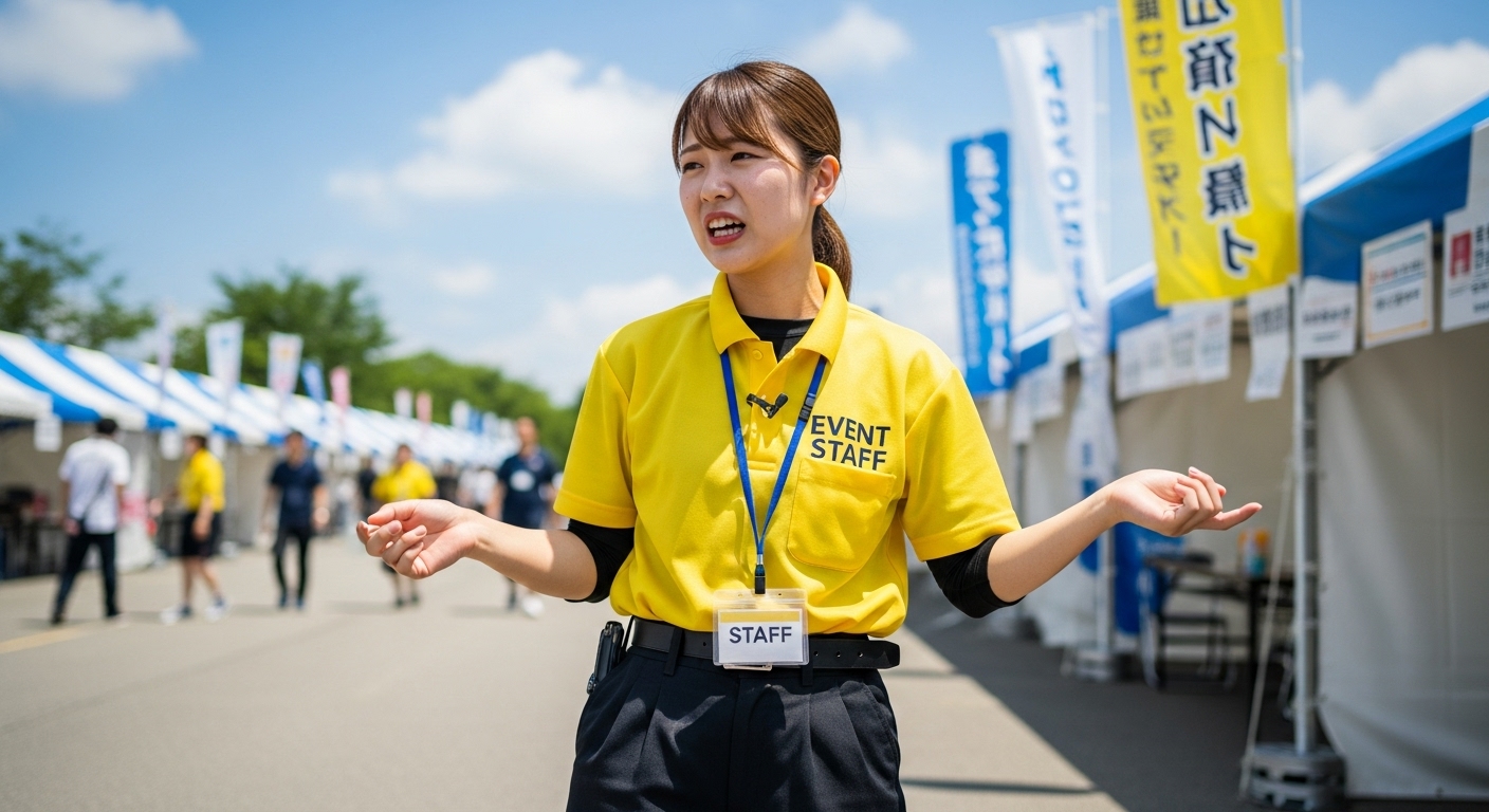 屋外でイベントスタッフのアルバイトをする若い日本人女性