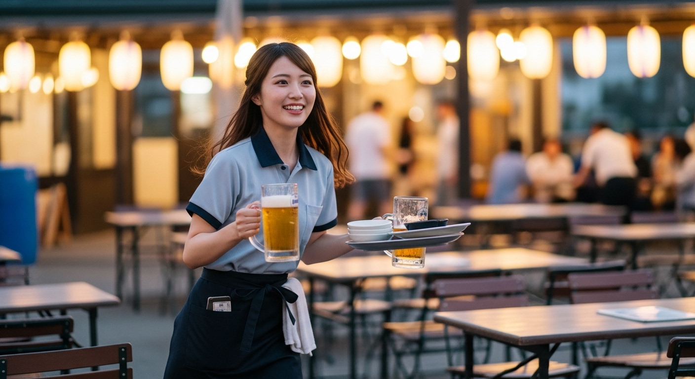 夏のビアガーデンで働く若い日本人女性