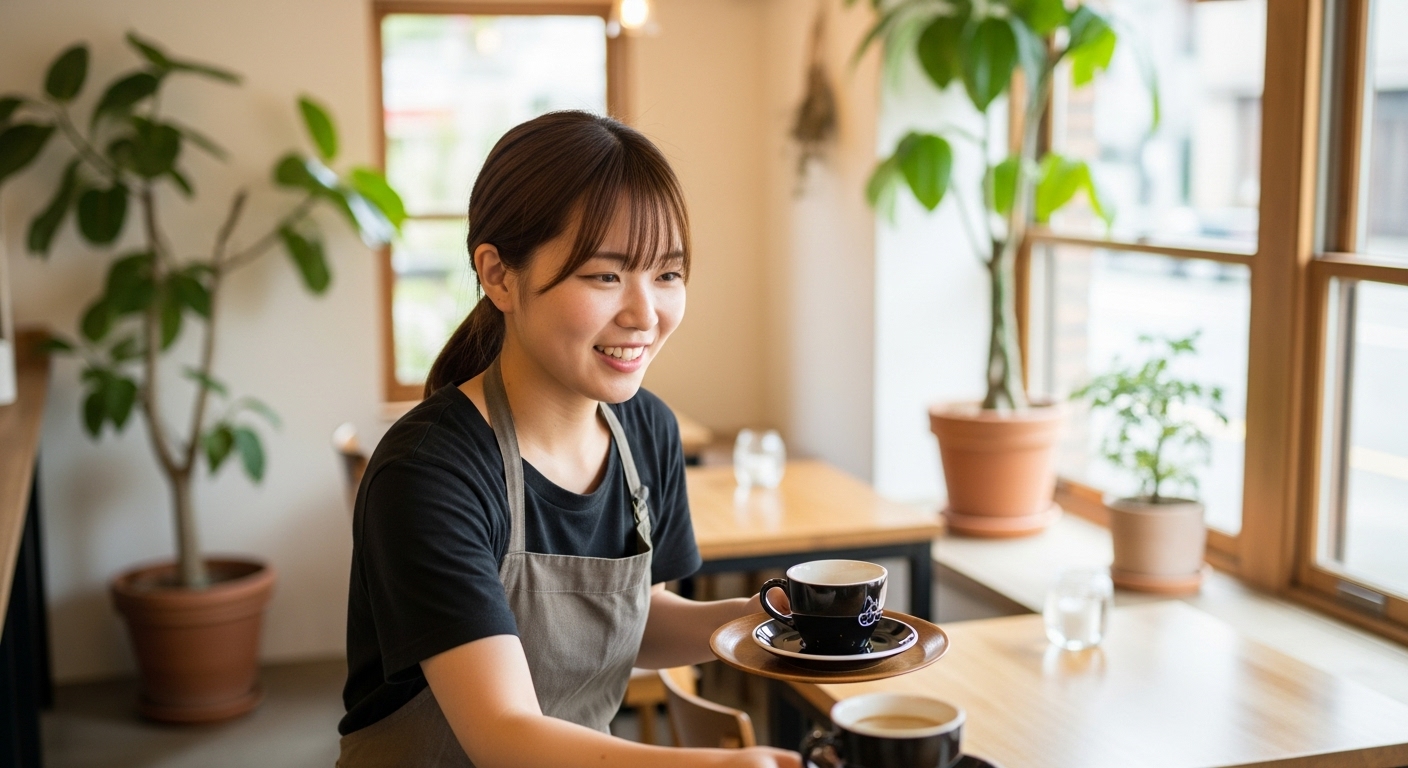 夏のカフェで働く若い日本人女性