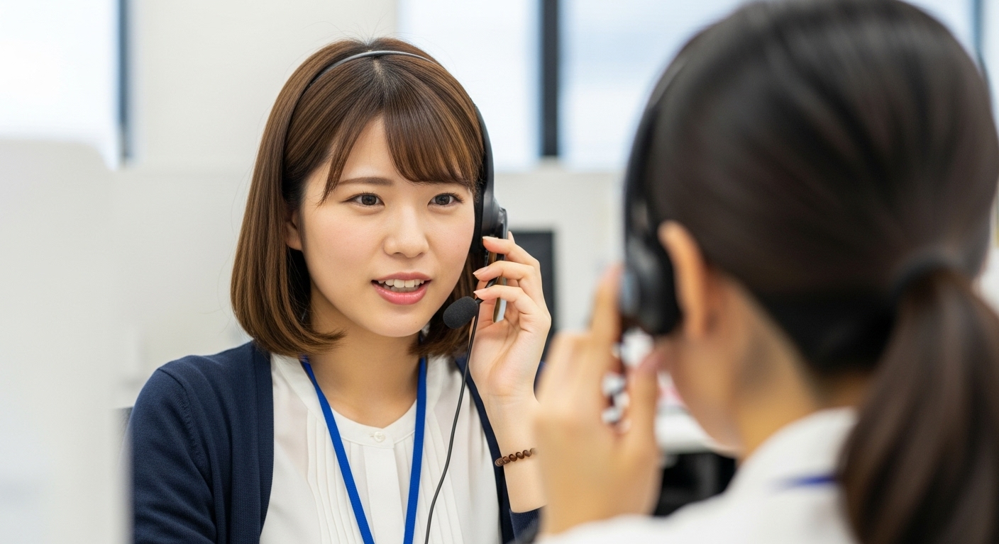 ヘッドセットを着けてコールセンターで働く若い日本人女性