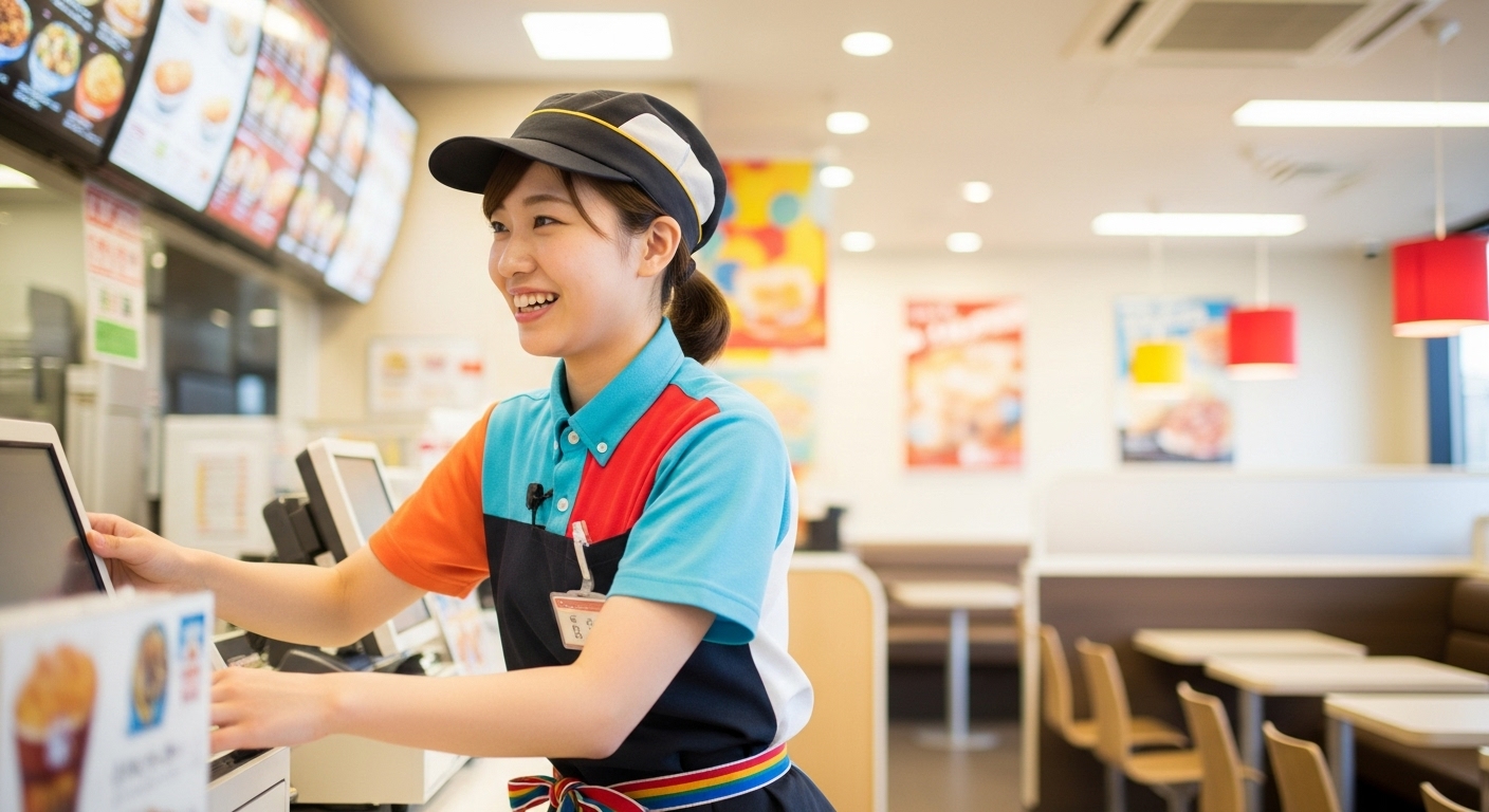夏のファーストフード店で働く若い日本人女性