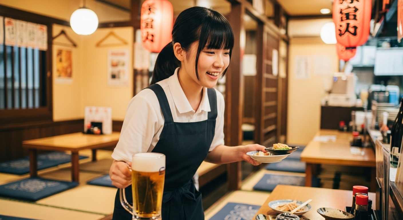 夏の居酒屋で働く若い日本人女性