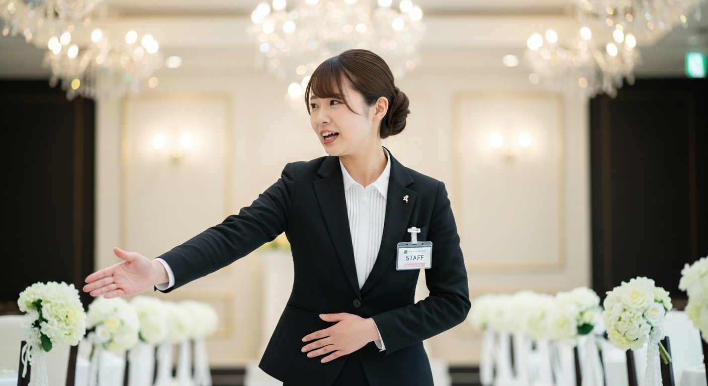 結婚式場でアルバイトする若い日本人女性スタッフ