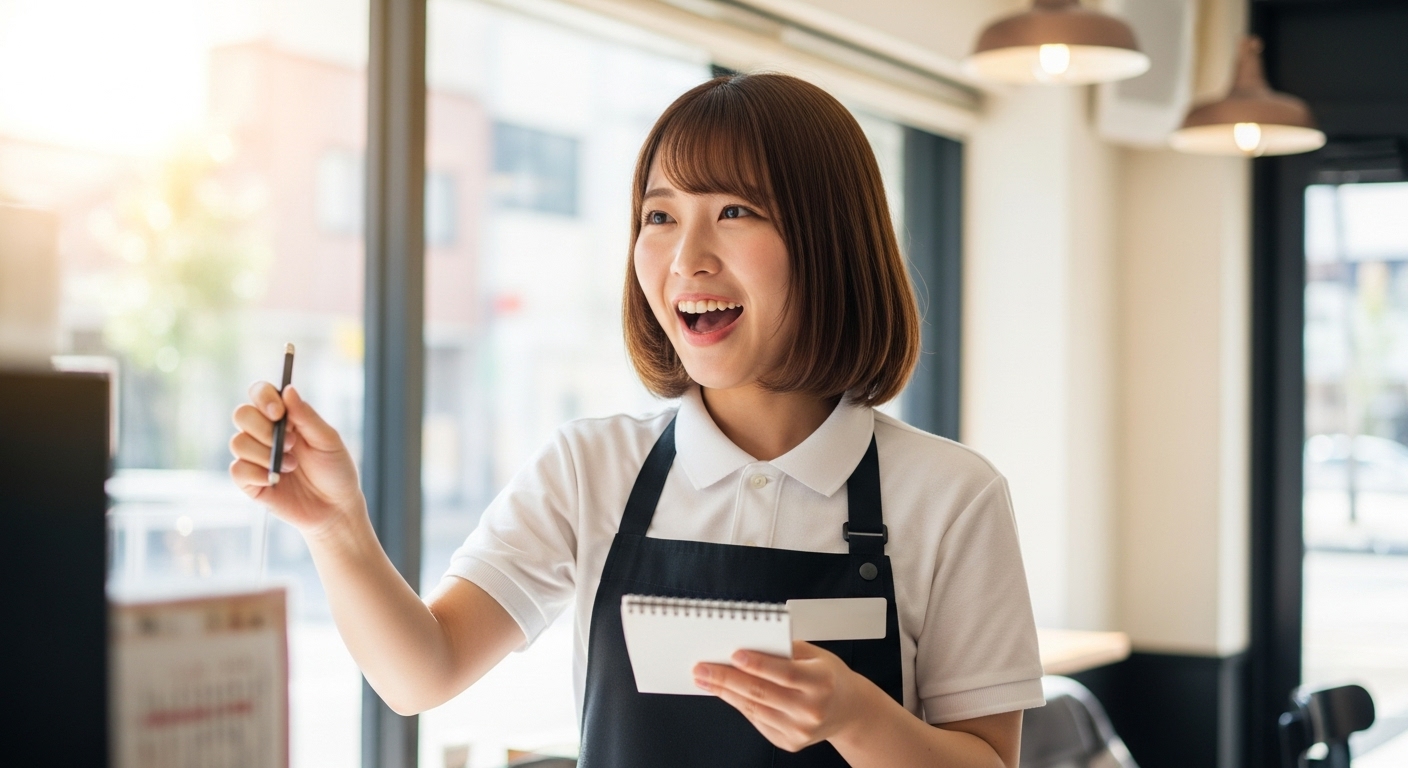 夏にカフェでアルバイトをする若い日本人女性