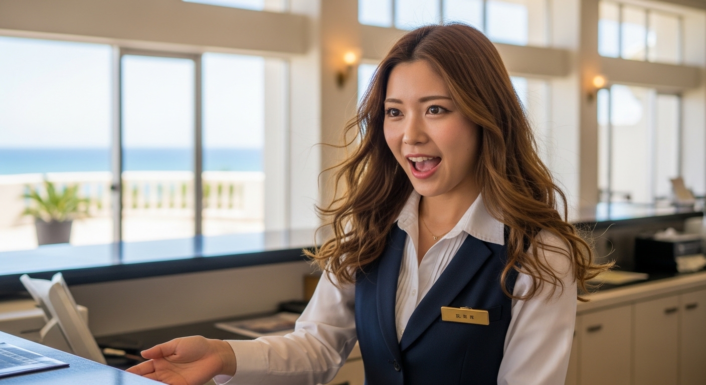 リゾートホテルのフロントでアルバイトする若い日本人女性