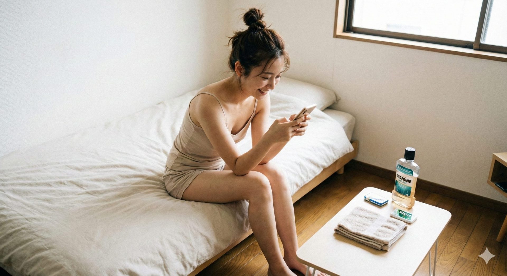 明るい自然光が差し込むシンプルな部屋で、ベージュのキャミソールを着た若いデリヘル嬢の女性がベッドに座り、スマートフォンを見て微笑んでいる。手前の小さなテーブルにはマウスウォッシュのボトル、ミントタブレット、タオルが置かれている。