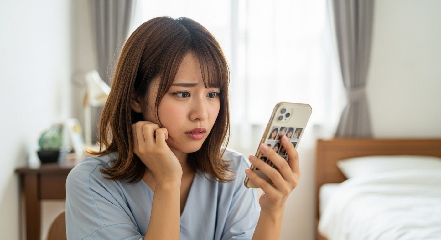 寝室でスマートフォンの写真加工アプリを不安そうに見つめる若い女性