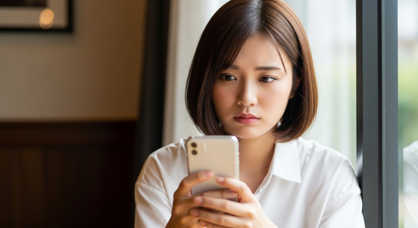 スマートフォンを見つめる心配そうな表情の若い女性