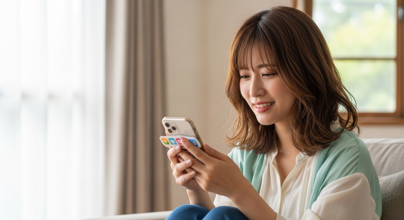 異なるメッセージアプリを使用しながらフラストレーションから安堵へと表情を変える若い女性
