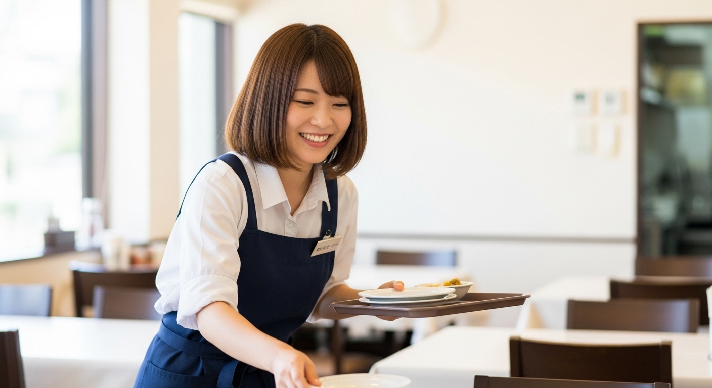 夏のファミレスで働く若い日本人女性