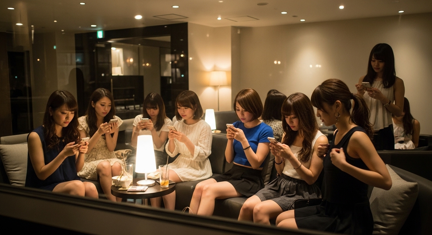 マジックミラー越しの女性待機室、複数の日本人若女性、夏ファッション、薄暗いラウンジ