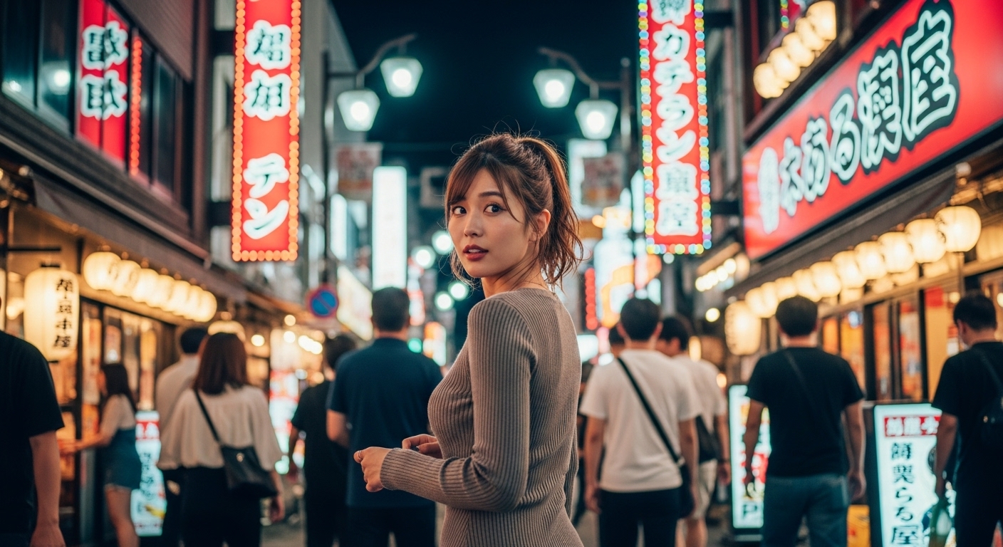 ニットワンピースを着た若い日本人女性が、夜のネオンきらめく繁華街の雑踏で立ち止まり、好奇心に満ちた表情で横を見ている。