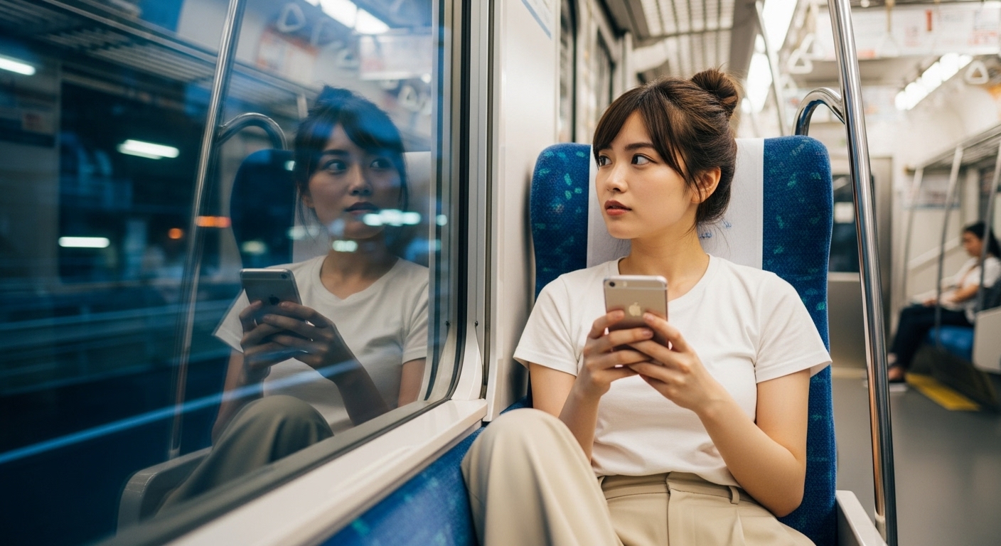 夜の電車で、若い日本人女性が光るスマートフォンを手に持ちながら、窓に映る自分にわずかに微笑みかけている。