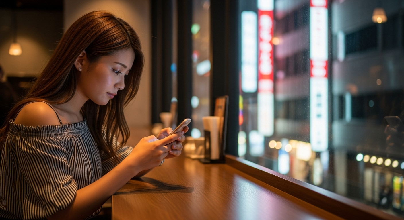 夜のカフェのカウンターで、ぼやけた街のネオンを背景に、スマートフォンに集中する若い日本人女性