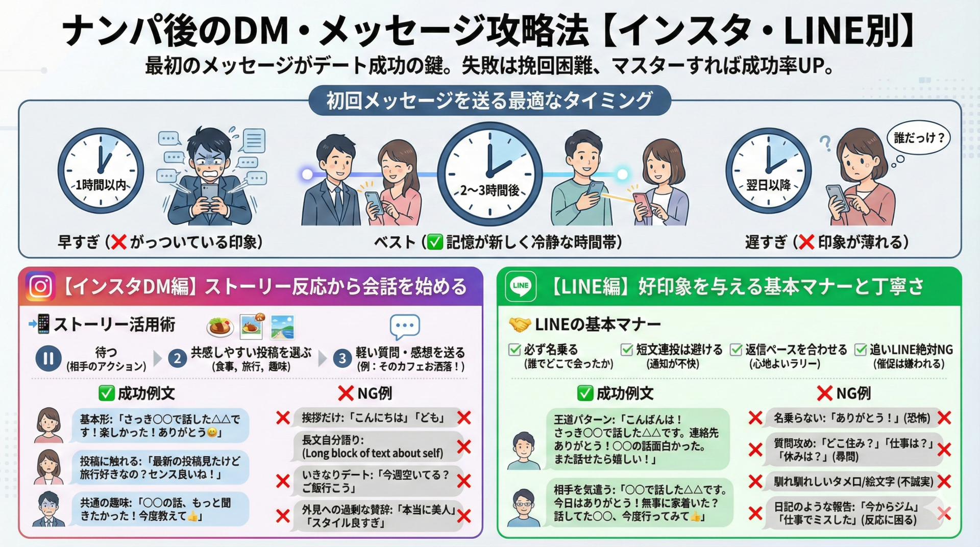 ナンパ後のインスタとLINEでの初回メッセージ攻略法をまとめたインフォグラフィック。最適なタイミング、各アプリでの具体的な成功例文とNG例
