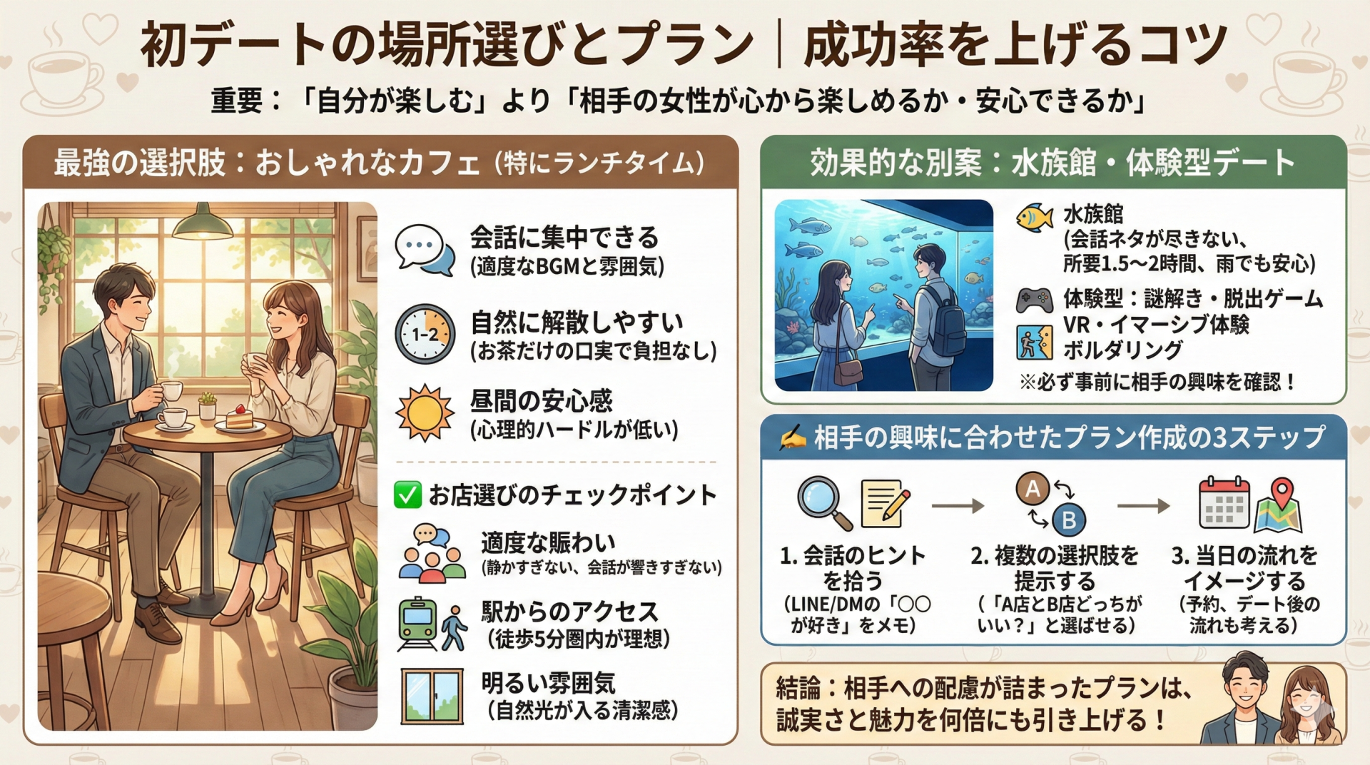 初デートの成功率を上げる場所選びとプランのコツをまとめたインフォグラフィック。相手目線でのカフェデートの推奨理由、店選びのポイント、水族館などの別案、具体的なプラン作成の3ステップ