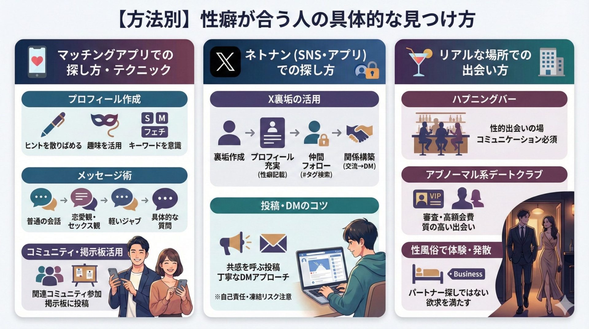 性癖が合う人を見つける3つの方法(マッチングアプリ、SNS、リアルな場所)と具体的なテクニックを解説したインフォグラフィック
