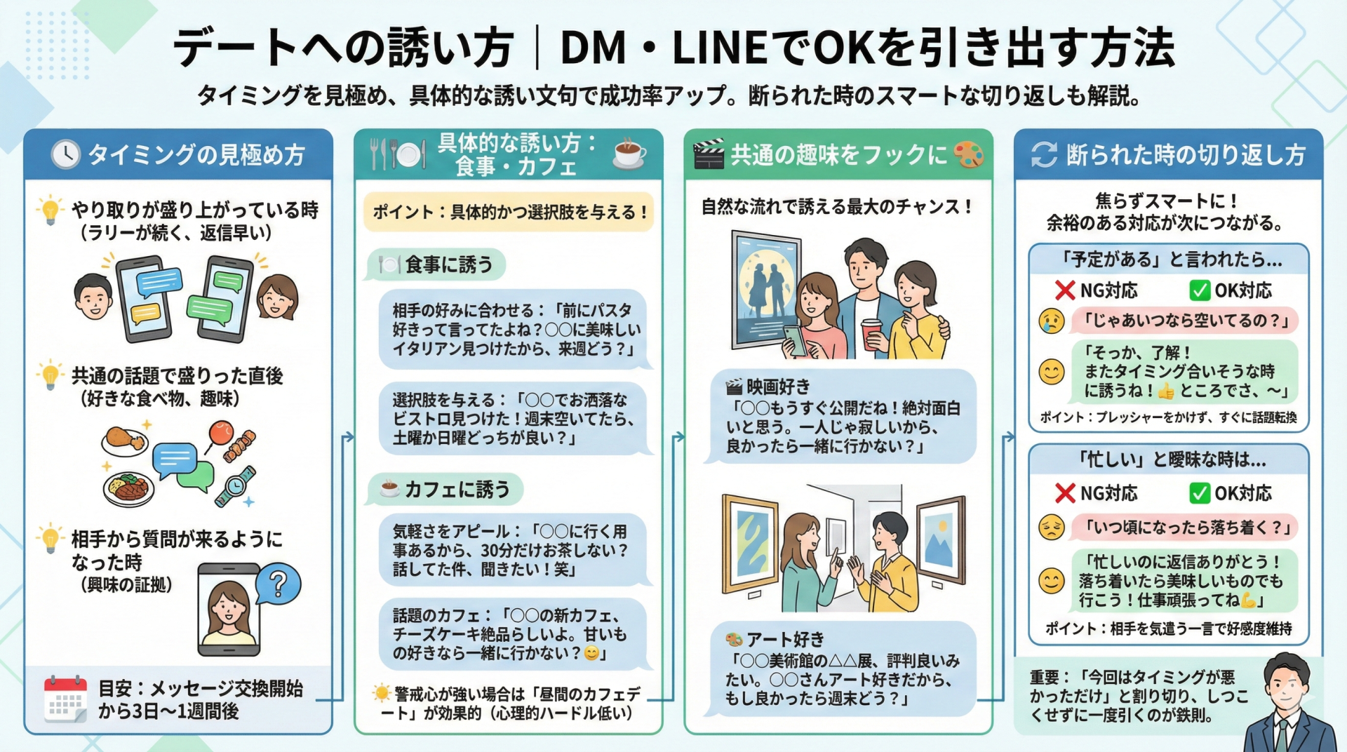 DMやLINEでデートに誘うためのインフォグラフィック。最適なタイミングの見極め方、食事やカフェへの具体的な誘い文句、趣味をフックにしたアプローチ、断られた際のスマートな切り返し方