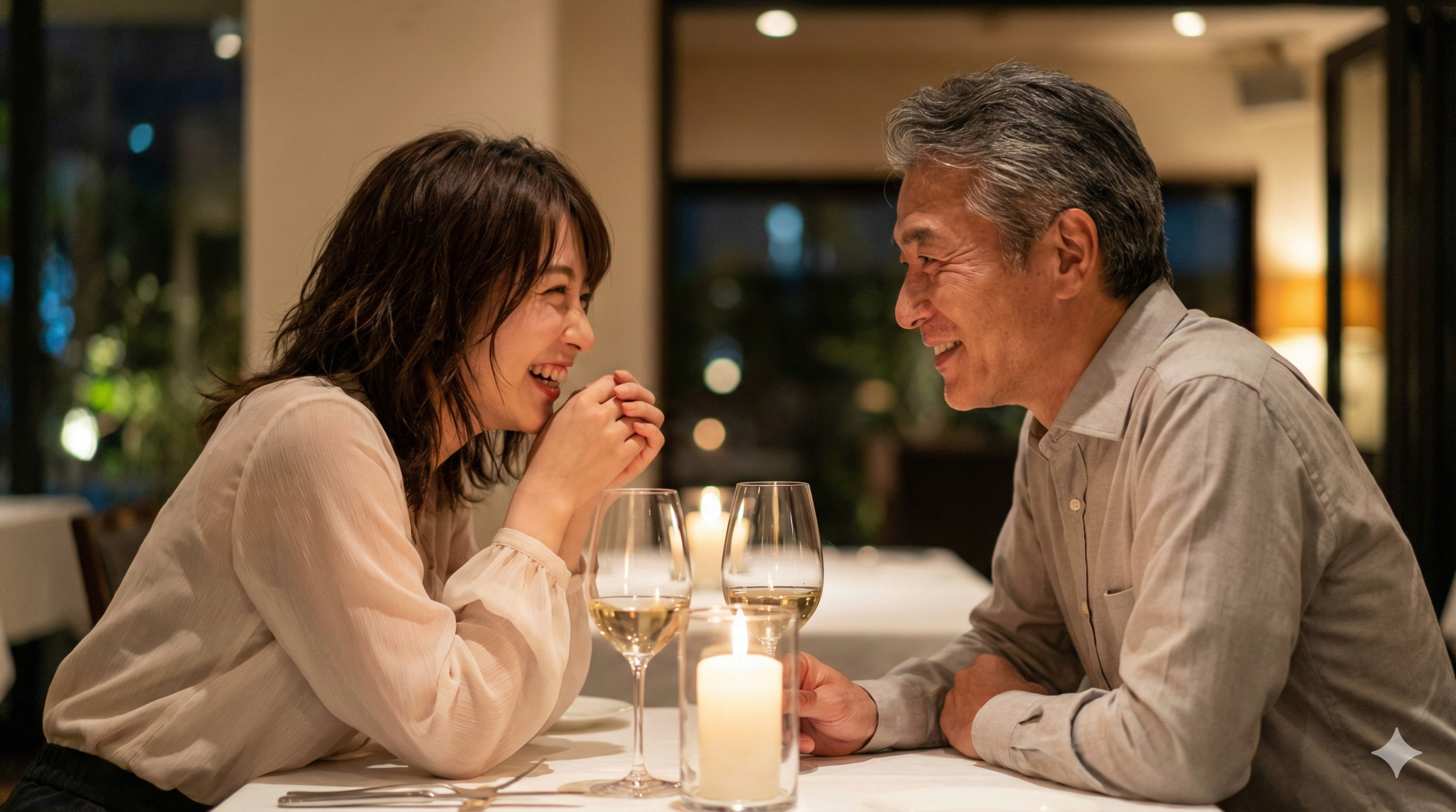 キャンドルが灯るレストランのテーブルで、ワイングラスを前に笑顔で向かい合う50代の男性と20代の女性