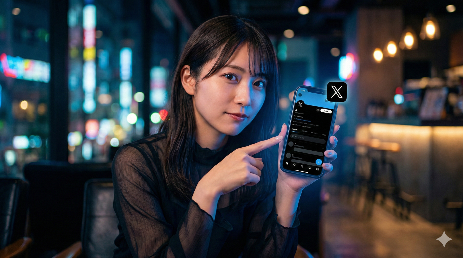 夜のラウンジで、Xアプリのダークモード画面を表示したスマートフォンを指差している若い日本人女性。